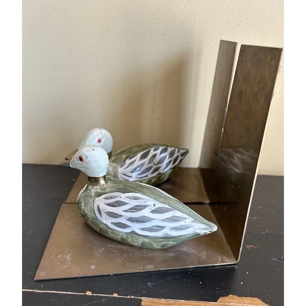 Vintage Hand Painted Enameled Brass Duck‎ Decoy Bookends